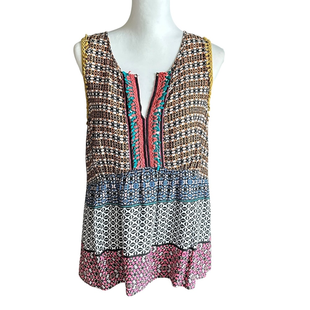 Ranna Gill Top Size Medium Multicolor Geometric Print Boho Blouse‎ Anthropologie